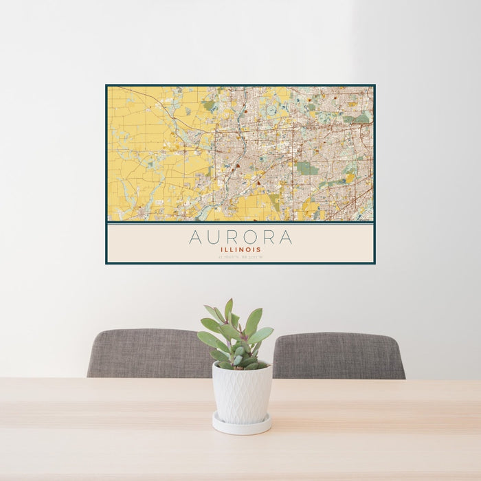 24x36 Aurora Illinois Map Print Landscape Orientation in Woodblock Style Behind 2 Chairs Table and Potted Plant