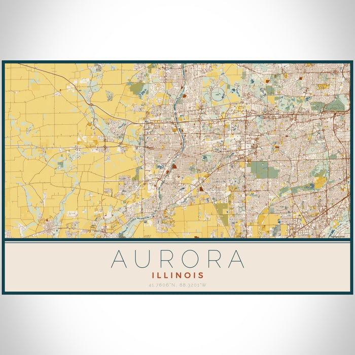 Aurora Illinois Map Print Landscape Orientation in Woodblock Style With Shaded Background