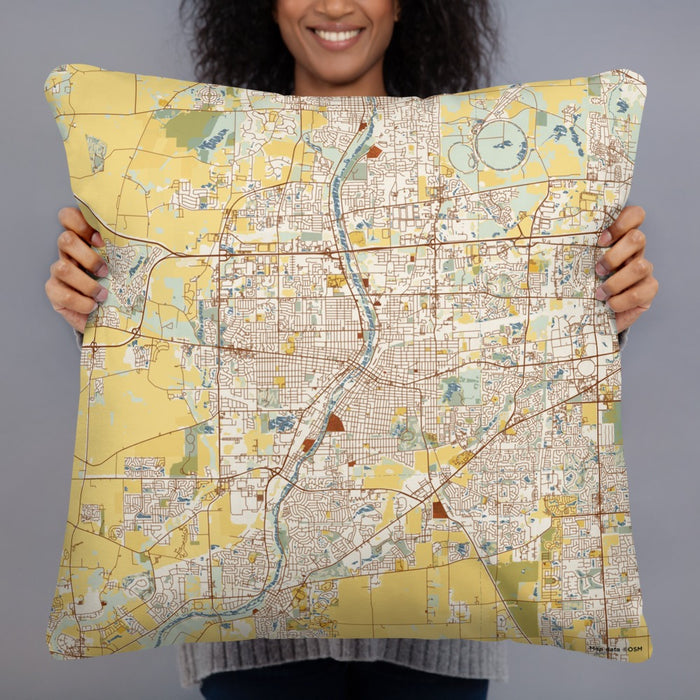 Person holding 22x22 Custom Aurora Illinois Map Throw Pillow in Woodblock