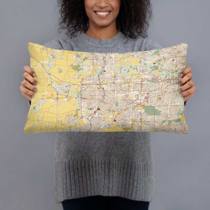 Person holding 20x12 Custom Aurora Illinois Map Throw Pillow in Woodblock