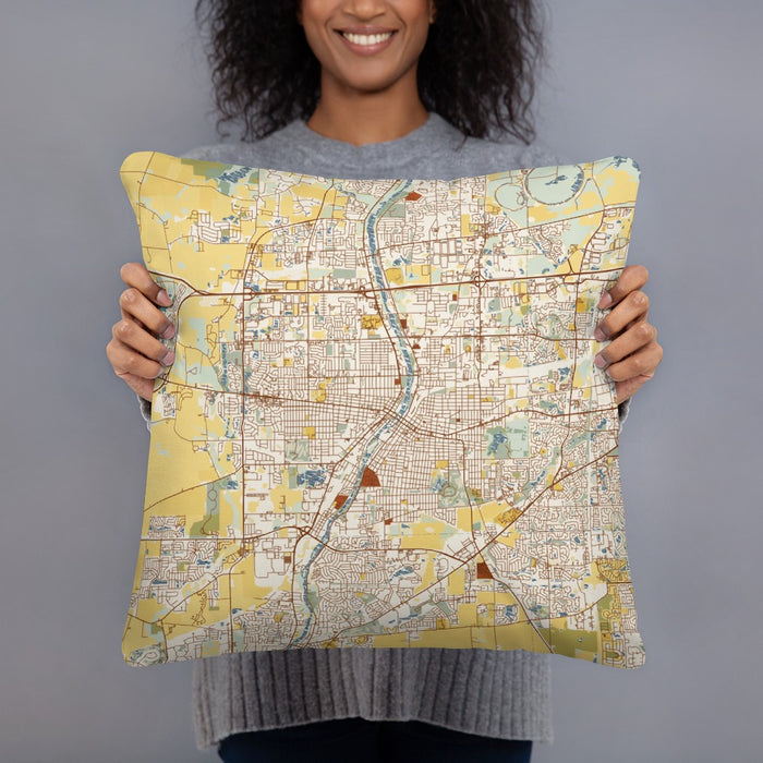 Person holding 18x18 Custom Aurora Illinois Map Throw Pillow in Woodblock