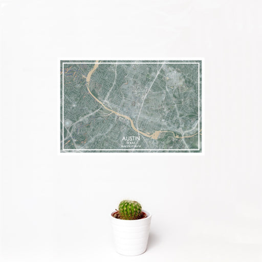 12x18 Austin Texas Map Print Landscape Orientation in Afternoon Style With Small Cactus Plant in White Planter