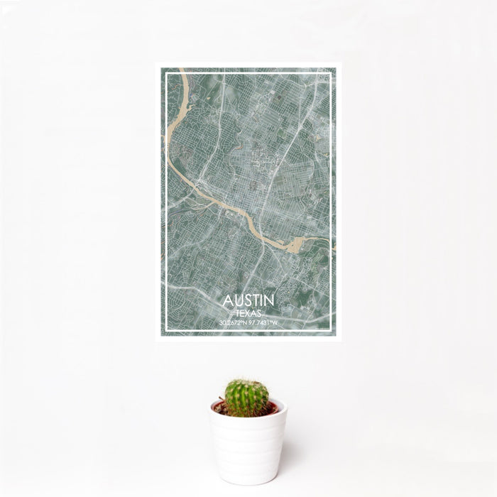 12x18 Austin Texas Map Print Portrait Orientation in Afternoon Style With Small Cactus Plant in White Planter