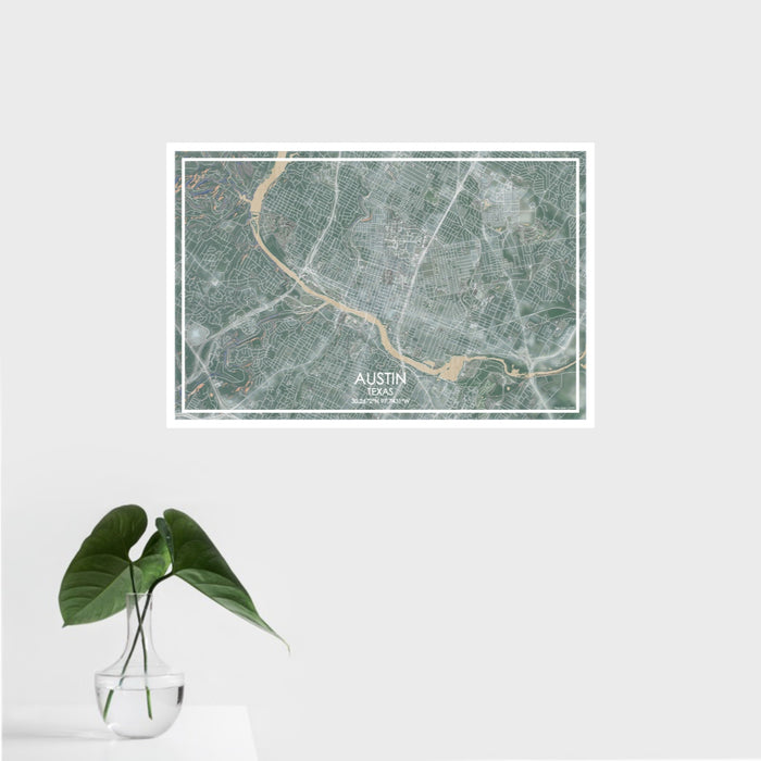 16x24 Austin Texas Map Print Landscape Orientation in Afternoon Style With Tropical Plant Leaves in Water