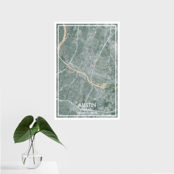 16x24 Austin Texas Map Print Portrait Orientation in Afternoon Style With Tropical Plant Leaves in Water