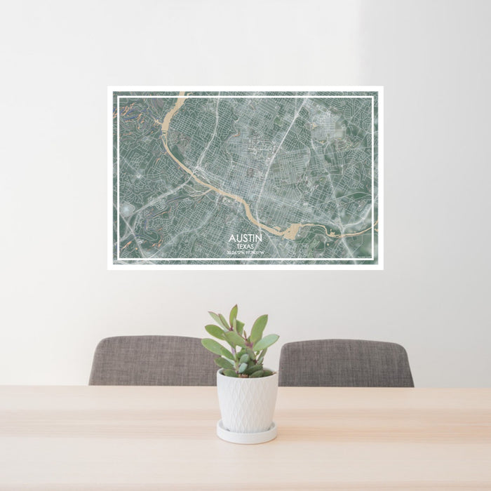 24x36 Austin Texas Map Print Lanscape Orientation in Afternoon Style Behind 2 Chairs Table and Potted Plant