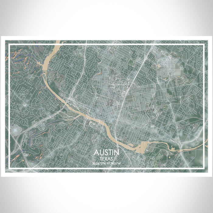 Austin Texas Map Print Landscape Orientation in Afternoon Style With Shaded Background