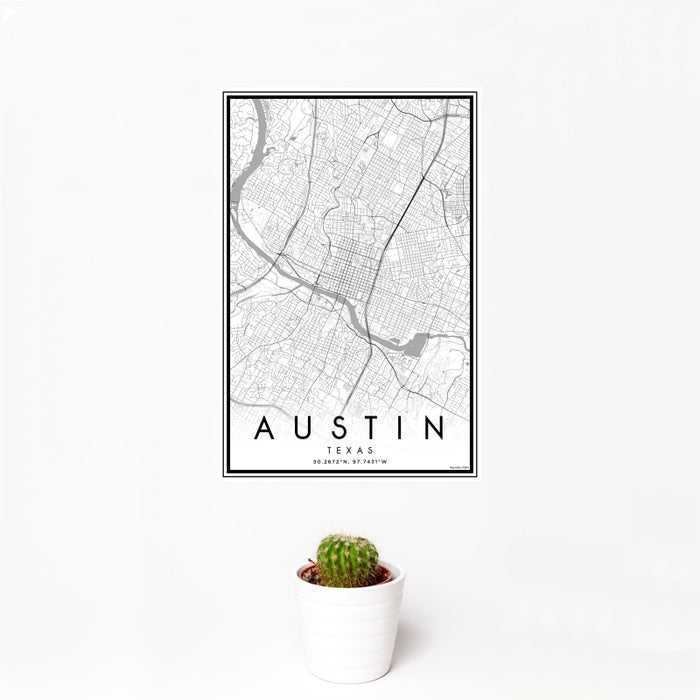 12x18 Austin Texas Map Print Portrait Orientation in Classic Style With Small Cactus Plant in White Planter