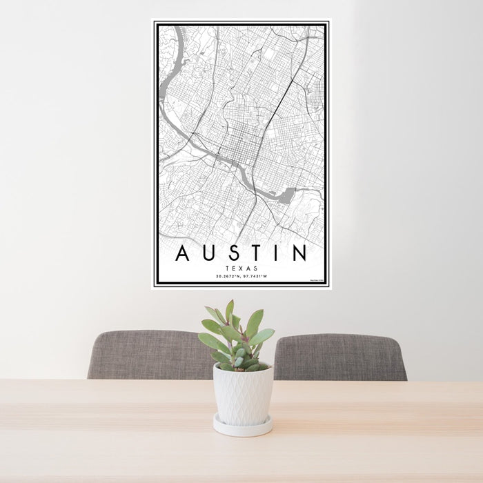24x36 Austin Texas Map Print Portrait Orientation in Classic Style Behind 2 Chairs Table and Potted Plant