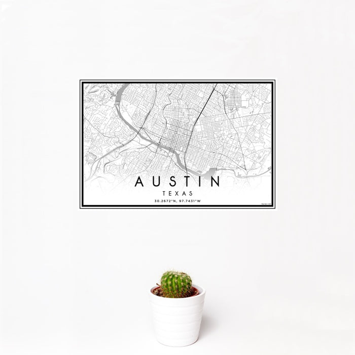 12x18 Austin Texas Map Print Landscape Orientation in Classic Style With Small Cactus Plant in White Planter