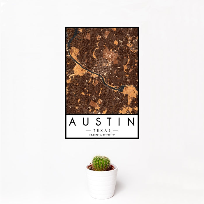 12x18 Austin Texas Map Print Portrait Orientation in Ember Style With Small Cactus Plant in White Planter