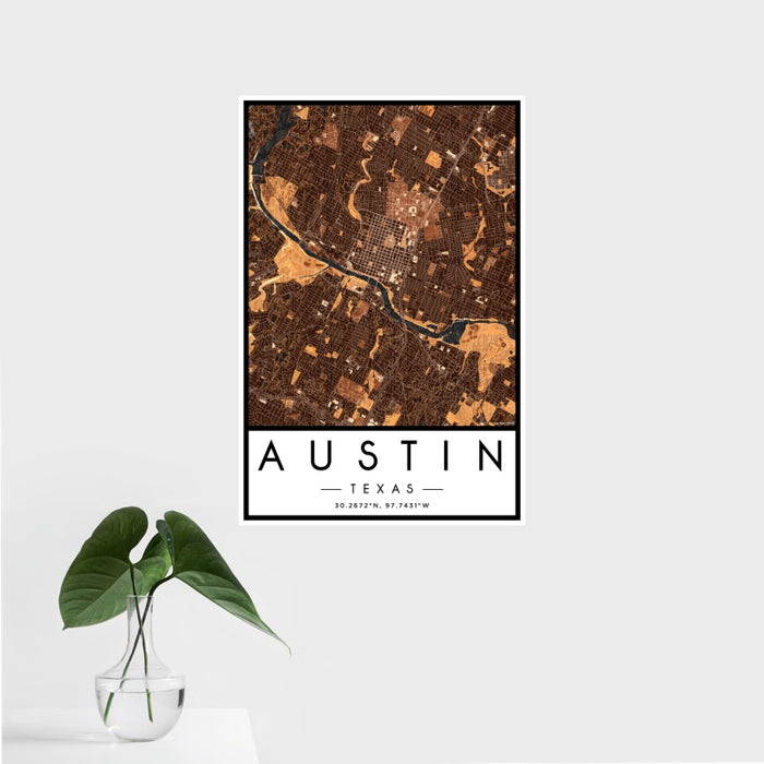 16x24 Austin Texas Map Print Portrait Orientation in Ember Style With Tropical Plant Leaves in Water