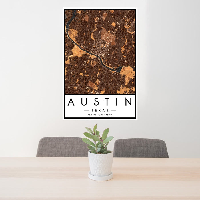 24x36 Austin Texas Map Print Portrait Orientation in Ember Style Behind 2 Chairs Table and Potted Plant