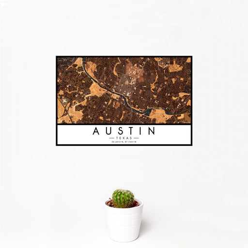 12x18 Austin Texas Map Print Landscape Orientation in Ember Style With Small Cactus Plant in White Planter