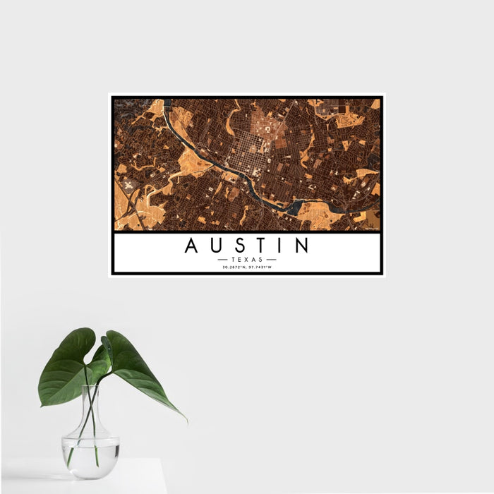 16x24 Austin Texas Map Print Landscape Orientation in Ember Style With Tropical Plant Leaves in Water