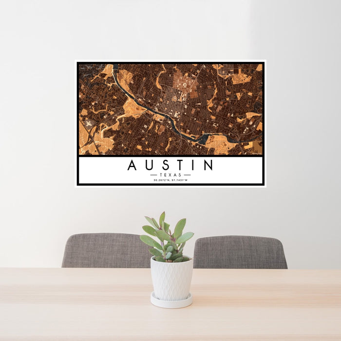 24x36 Austin Texas Map Print Landscape Orientation in Ember Style Behind 2 Chairs Table and Potted Plant