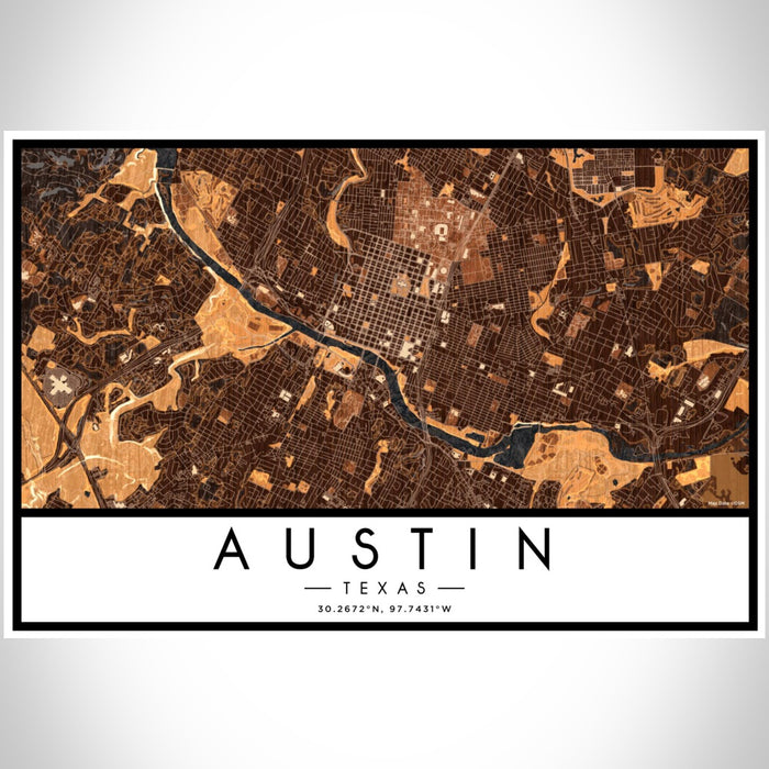 Austin Texas Map Print Landscape Orientation in Ember Style With Shaded Background