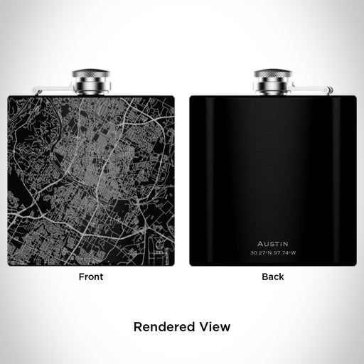 Rendered View of Austin Texas Map Engraving on 6oz Stainless Steel Flask in Black