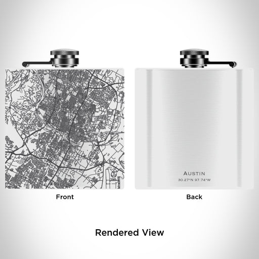 Rendered View of Austin Texas Map Engraving on 6oz Stainless Steel Flask in White