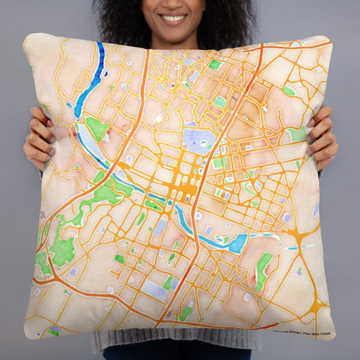 Person holding 22x22 Custom Austin Texas Map Throw Pillow in Watercolor