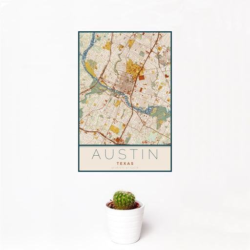 12x18 Austin Texas Map Print Portrait Orientation in Woodblock Style With Small Cactus Plant in White Planter