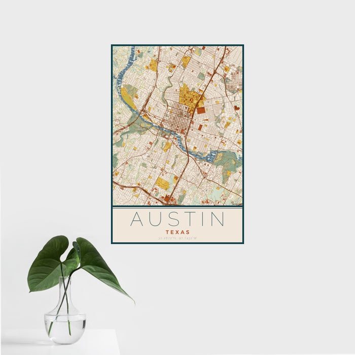 16x24 Austin Texas Map Print Portrait Orientation in Woodblock Style With Tropical Plant Leaves in Water