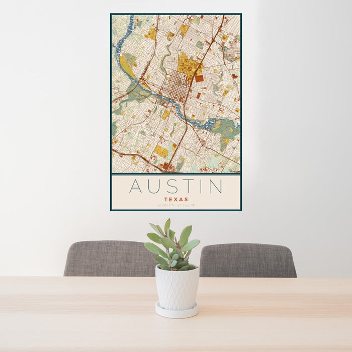 24x36 Austin Texas Map Print Portrait Orientation in Woodblock Style Behind 2 Chairs Table and Potted Plant