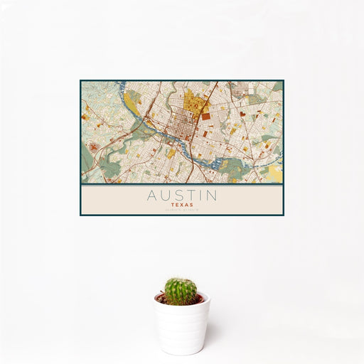 12x18 Austin Texas Map Print Landscape Orientation in Woodblock Style With Small Cactus Plant in White Planter