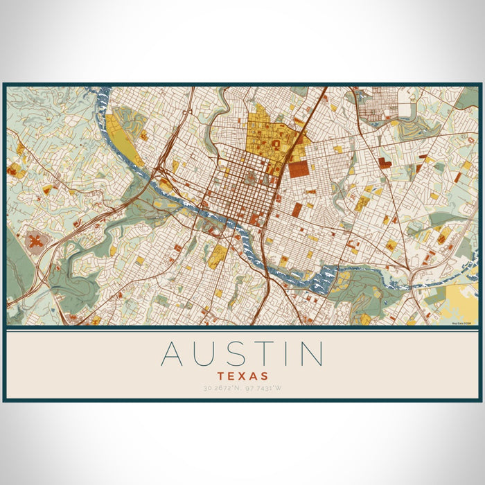 Austin Texas Map Print Landscape Orientation in Woodblock Style With Shaded Background