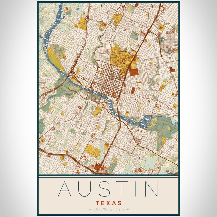 Austin Texas Map Print Portrait Orientation in Woodblock Style With Shaded Background