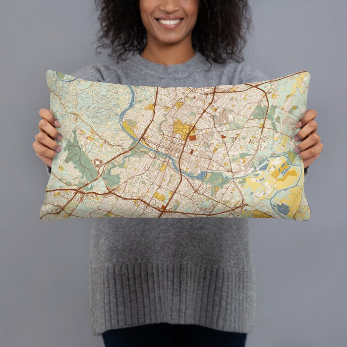 Person holding 20x12 Custom Austin Texas Map Throw Pillow in Woodblock