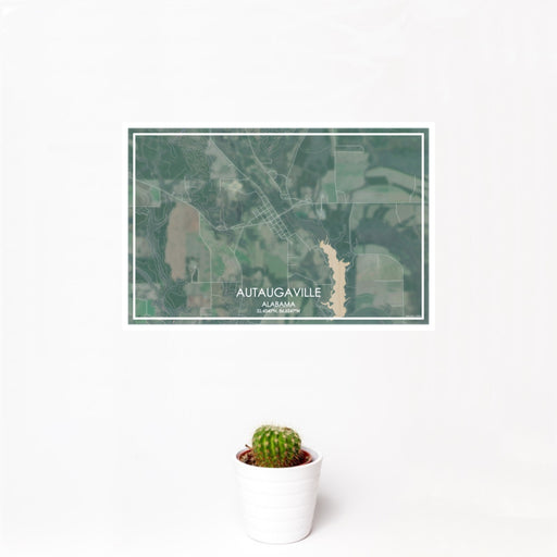 12x18 Autaugaville Alabama Map Print Landscape Orientation in Afternoon Style With Small Cactus Plant in White Planter
