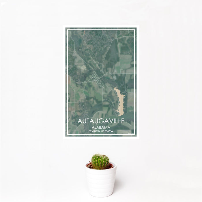 12x18 Autaugaville Alabama Map Print Portrait Orientation in Afternoon Style With Small Cactus Plant in White Planter