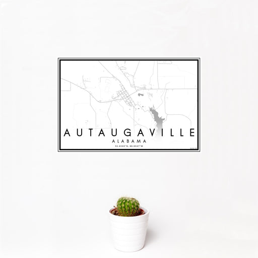 12x18 Autaugaville Alabama Map Print Landscape Orientation in Classic Style With Small Cactus Plant in White Planter