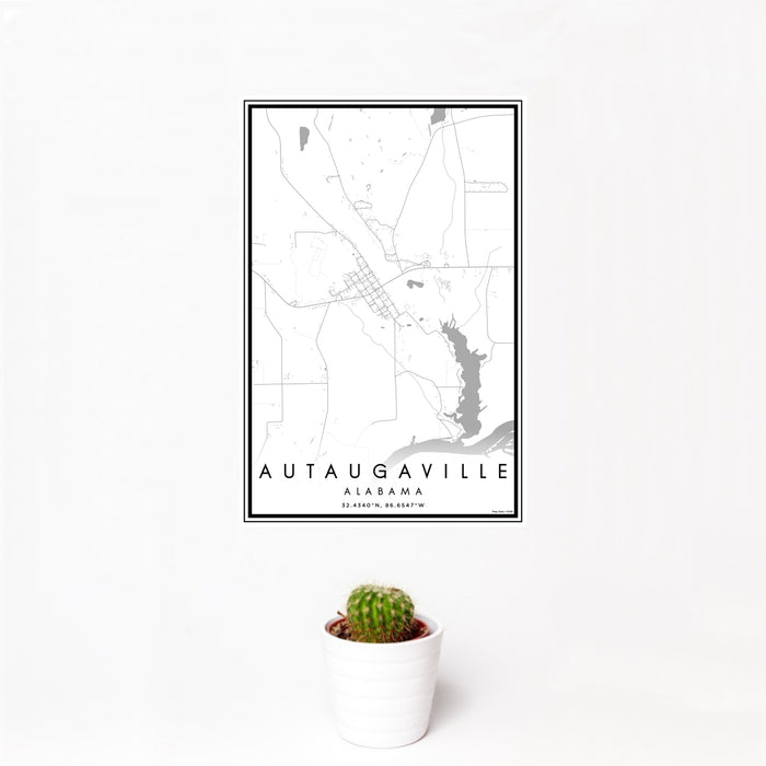 12x18 Autaugaville Alabama Map Print Portrait Orientation in Classic Style With Small Cactus Plant in White Planter