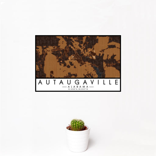 12x18 Autaugaville Alabama Map Print Landscape Orientation in Ember Style With Small Cactus Plant in White Planter