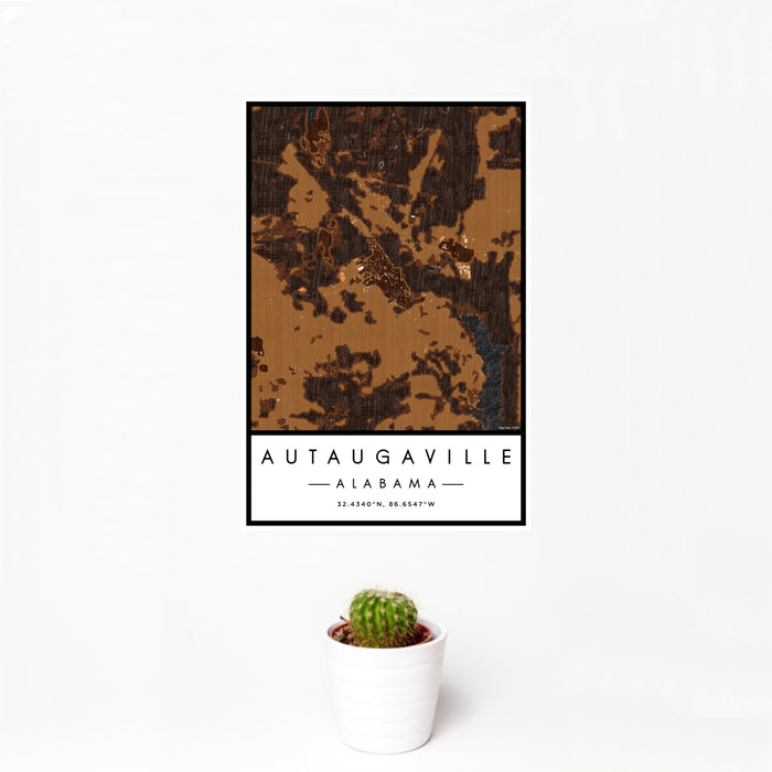 12x18 Autaugaville Alabama Map Print Portrait Orientation in Ember Style With Small Cactus Plant in White Planter