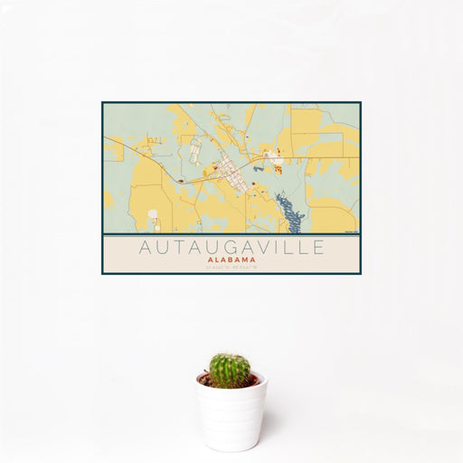 12x18 Autaugaville Alabama Map Print Landscape Orientation in Woodblock Style With Small Cactus Plant in White Planter
