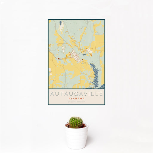 12x18 Autaugaville Alabama Map Print Portrait Orientation in Woodblock Style With Small Cactus Plant in White Planter