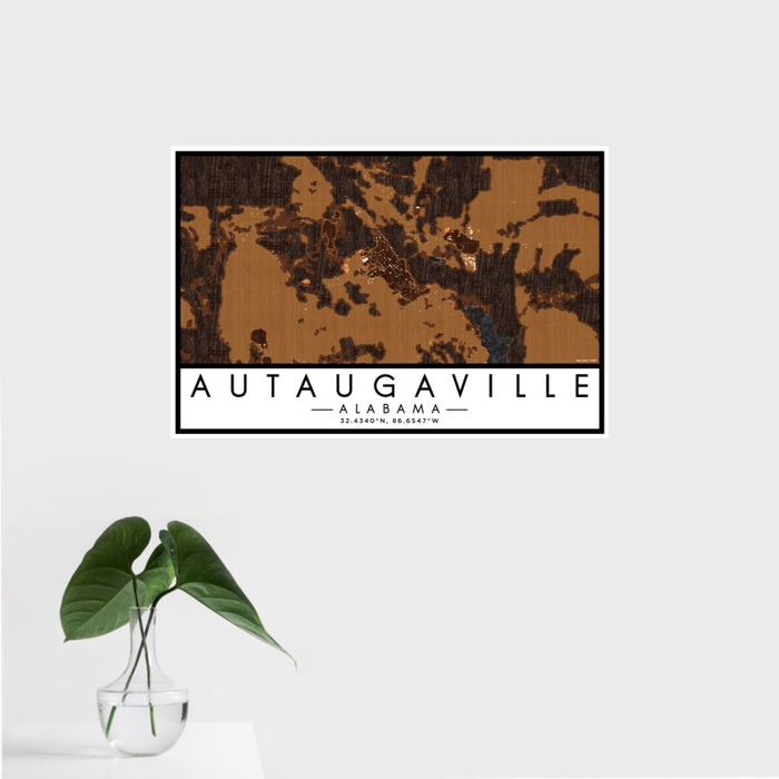 16x24 Autaugaville Alabama Map Print Landscape Orientation in Ember Style With Tropical Plant Leaves in Water