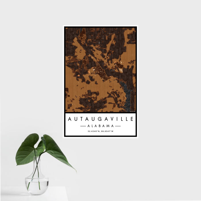 16x24 Autaugaville Alabama Map Print Portrait Orientation in Ember Style With Tropical Plant Leaves in Water