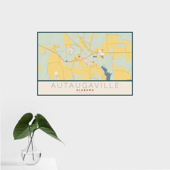 16x24 Autaugaville Alabama Map Print Landscape Orientation in Woodblock Style With Tropical Plant Leaves in Water