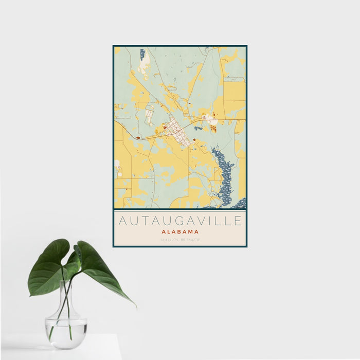 16x24 Autaugaville Alabama Map Print Portrait Orientation in Woodblock Style With Tropical Plant Leaves in Water