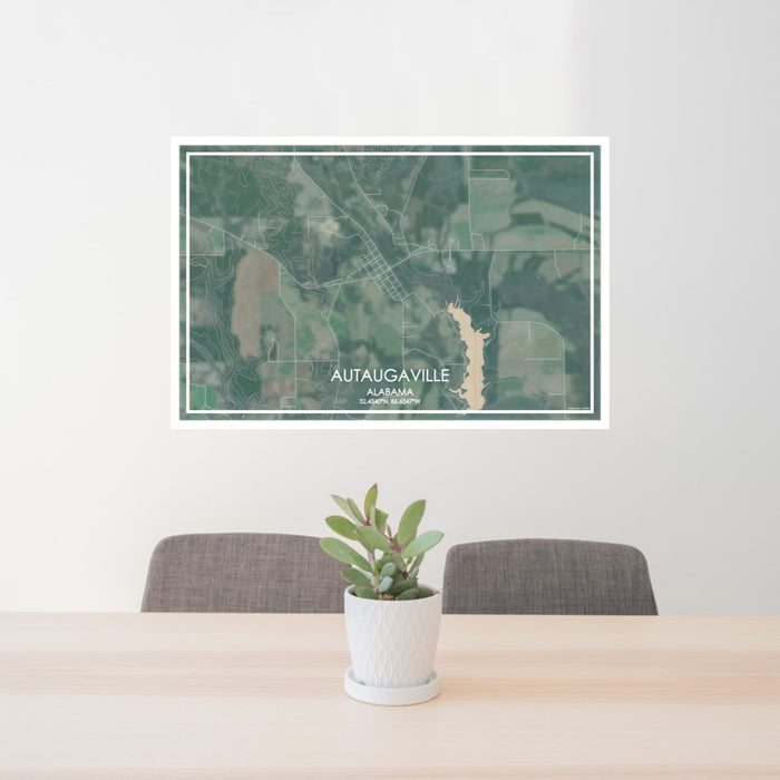 24x36 Autaugaville Alabama Map Print Lanscape Orientation in Afternoon Style Behind 2 Chairs Table and Potted Plant