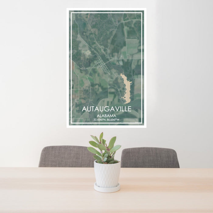 24x36 Autaugaville Alabama Map Print Portrait Orientation in Afternoon Style Behind 2 Chairs Table and Potted Plant