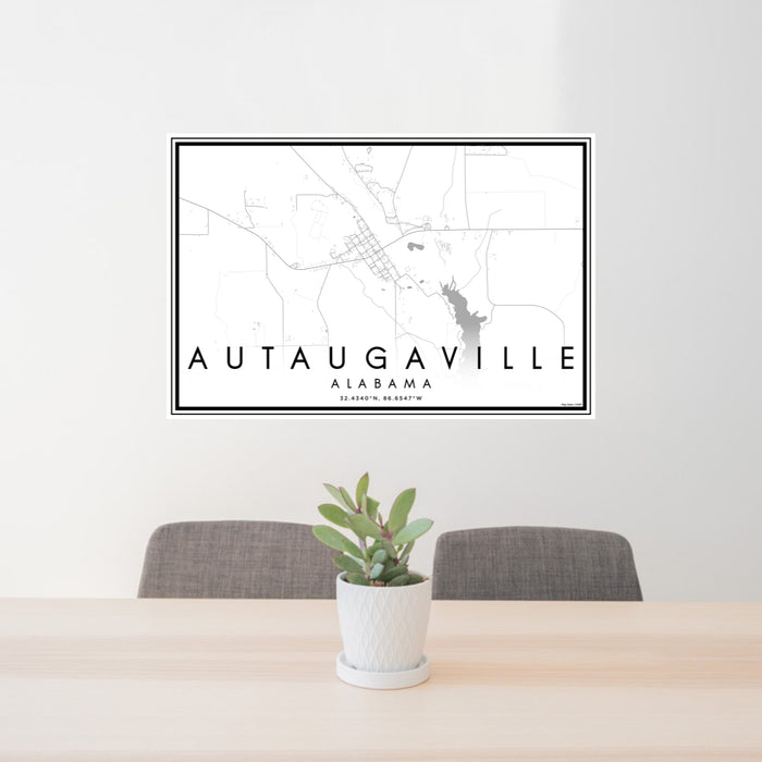 24x36 Autaugaville Alabama Map Print Lanscape Orientation in Classic Style Behind 2 Chairs Table and Potted Plant