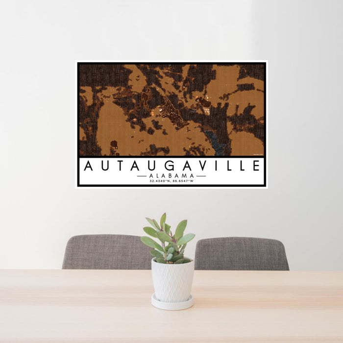 24x36 Autaugaville Alabama Map Print Lanscape Orientation in Ember Style Behind 2 Chairs Table and Potted Plant