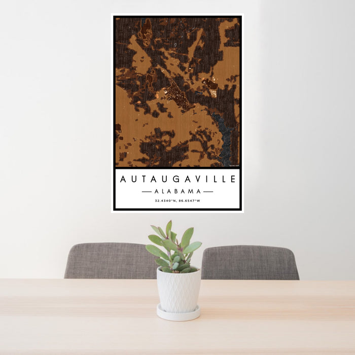 24x36 Autaugaville Alabama Map Print Portrait Orientation in Ember Style Behind 2 Chairs Table and Potted Plant