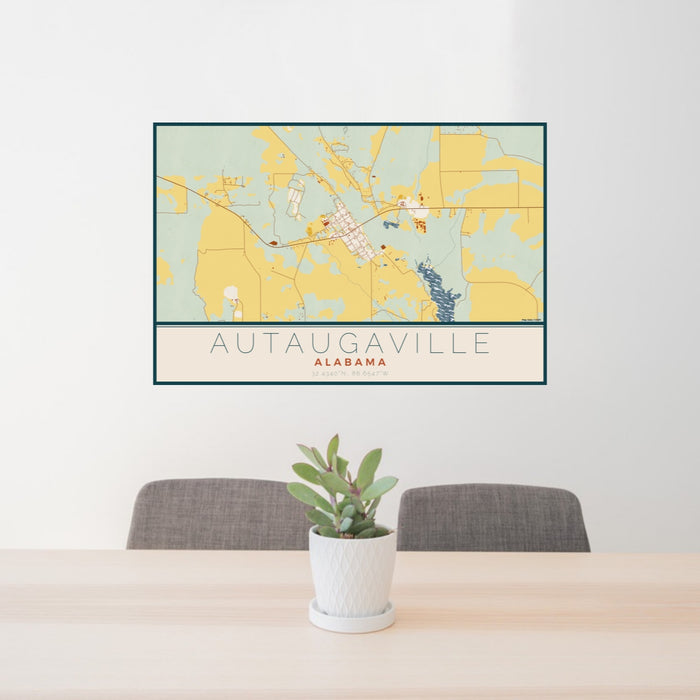 24x36 Autaugaville Alabama Map Print Lanscape Orientation in Woodblock Style Behind 2 Chairs Table and Potted Plant