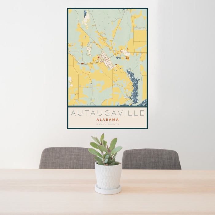 24x36 Autaugaville Alabama Map Print Portrait Orientation in Woodblock Style Behind 2 Chairs Table and Potted Plant